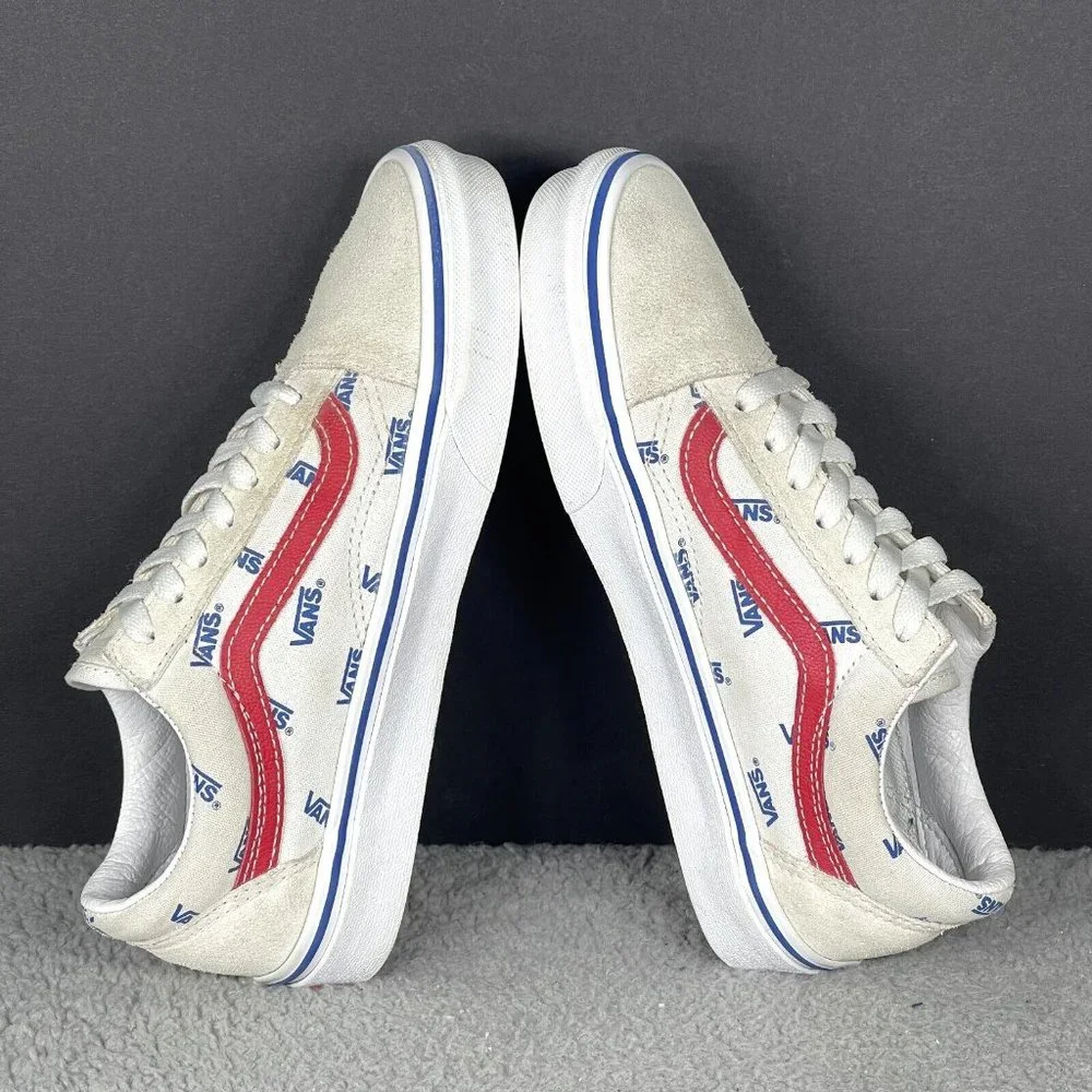 Vans Old Skool Women's Size 6.5 White Red Suede Canvas Lace Up Sneakers Shoes